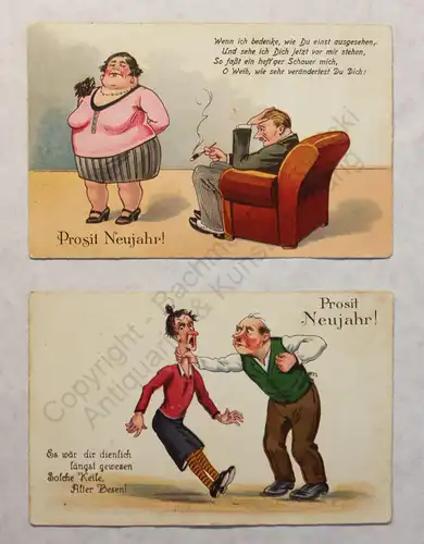 2 Postkarten Prost Neujahr Silvester Grusskarte um 1930 Humor Satire illustriert
