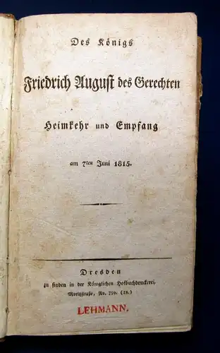 Richter Des Königs Friedrich August des Gerechten Heimkehr und Empfang 1815 js