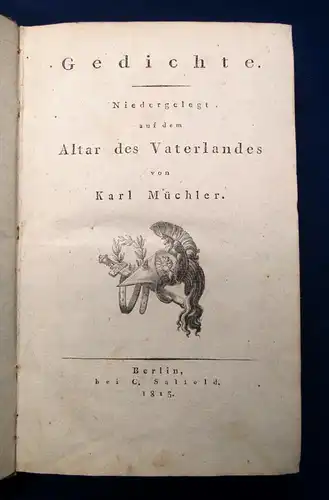 Müchler Gedichte. Niedergelegt auf dem Altar des Vaterlandes 1813 Militaria js