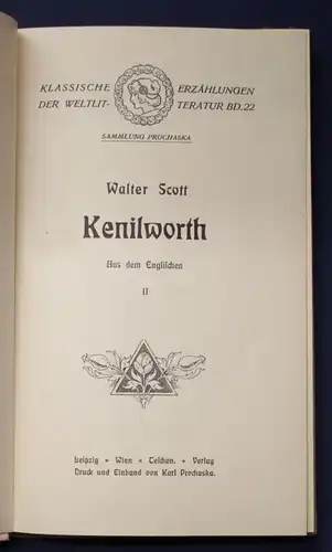 Scott Walter Kenilworth Teil 1 und 2 um 1900 Klassische Erzählungen Lyrik js