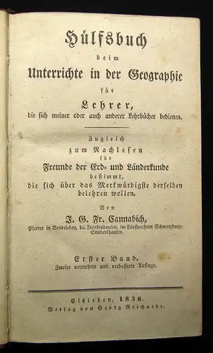 Cannabich Hülfsbuch beim Unterrichte in der Geographie für Lehrer 1.Bd. ap. 1838