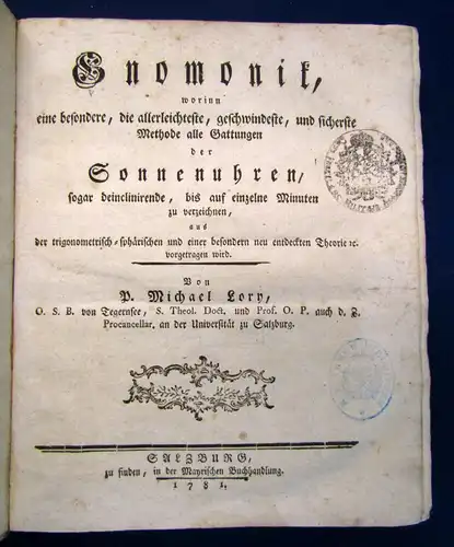 Lory Gnomonik (alle Gattungen der Sonnenuhren) 1781 Uhrenkunde Astronomie sf
