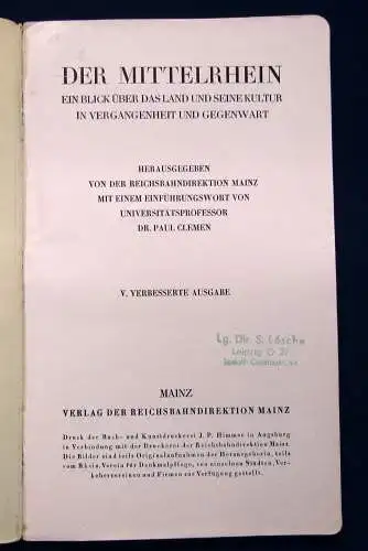 Clemen Der Mittelrhein Ein Blick über das Land und seine Kultur um 1915 js