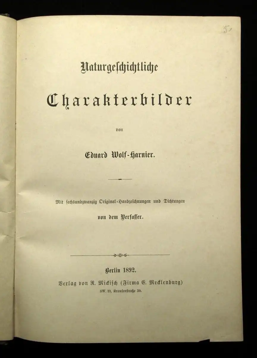 Harnier-Wolf Eduard Naturgeschichtliche Charakterbilder  1892 Or.Handzeichnungen