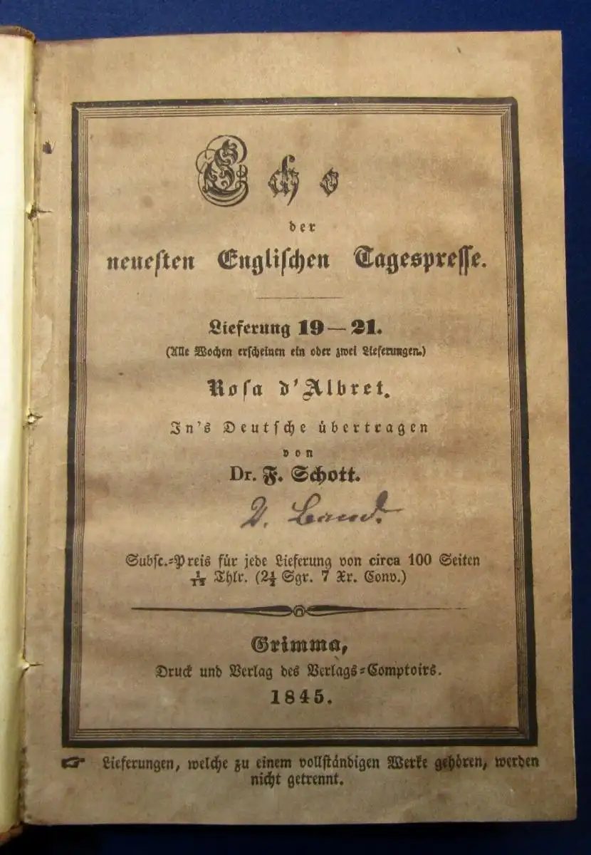 Echo der neuesten Engl. Tagespresse Deutsche Ausgabe 3 Bde. Rosa D`Albret 1844 j