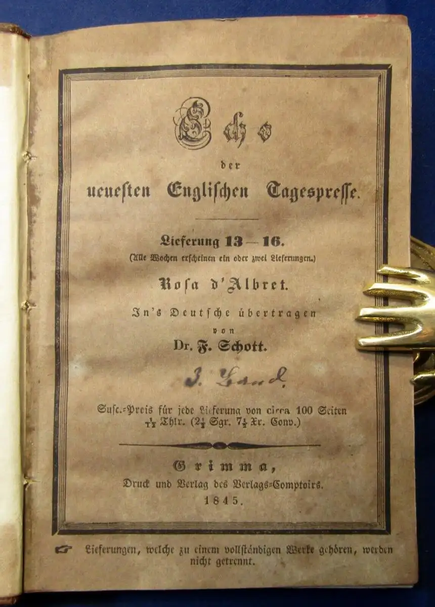 Echo der neuesten Engl. Tagespresse Deutsche Ausgabe 3 Bde. Rosa D`Albret 1844 j