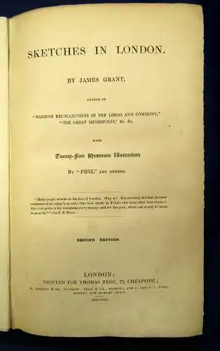 Grant James, Sketches in London 2.Edition, second Edition 1840 By Phiz illus. js