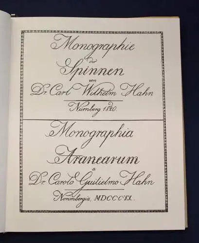 Hahn Monographie der Spinnen Reprint der Ausgabe von (1820-1836) 1988 js