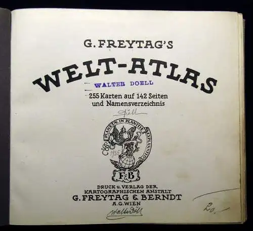 G. Freytag`s Welt- Atlas 255 Karten auf 142 Seiten 1925 Geographie Weltkunde