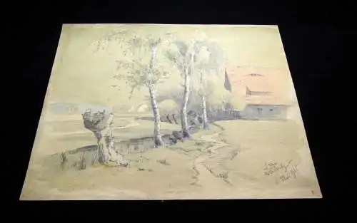 Seidnitz Aquarellierte Bleistiftzeichnung Dorflandschaft 1901 Unikat signiert