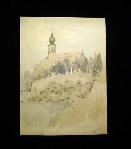 Unbek.Künstler Kirche Hosterwitz bei Dresden Aquarelle Bleistiftzeichnung Unikat