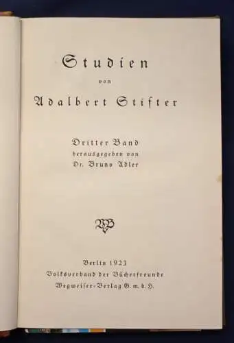 Adalbert Stifter Studien Band 1- 3 komplett 1922 Belletristik Literatur Lyrik js