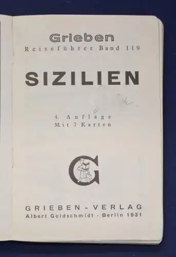 Griebens Reiseführer Band 119 Sizilien 1931 Ortskunde Landeskunde Mittelmeer js
