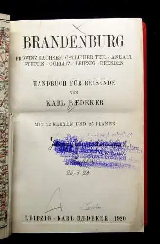 Baedeker Karl Brandenburg Provinz Sachsen.östl.Teil,Anahalt,Stettin,Görlitz 1920