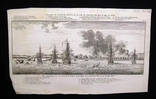 Radierung Peru, Der Brand der Stadt Payta, Anson Expedition 13.Nov. 1741