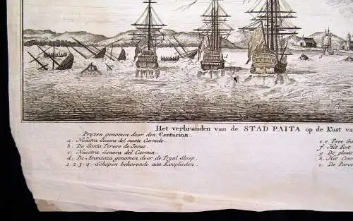 Radierung Peru, Der Brand der Stadt Payta, Anson Expedition 13.Nov. 1741