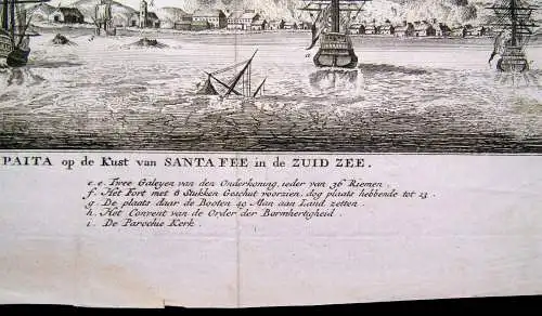 Radierung Peru, Der Brand der Stadt Payta, Anson Expedition 13.Nov. 1741