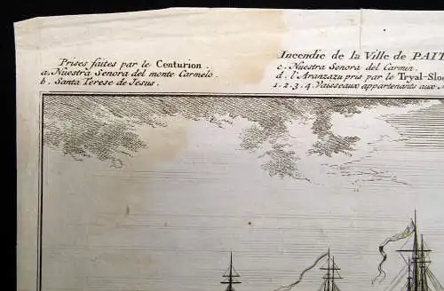 Radierung Peru, Der Brand der Stadt Payta, Anson Expedition 13.Nov. 1741