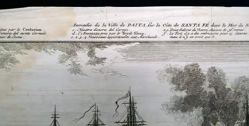 Radierung Peru, Der Brand der Stadt Payta, Anson Expedition 13.Nov. 1741