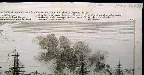 Radierung Peru, Der Brand der Stadt Payta, Anson Expedition 13.Nov. 1741