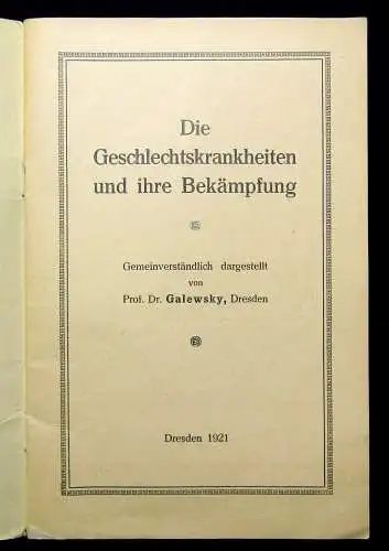 Dr. Galewsky Ausstellung Die Geschlechtskrankheiten und ihre Bekämpfung 1921