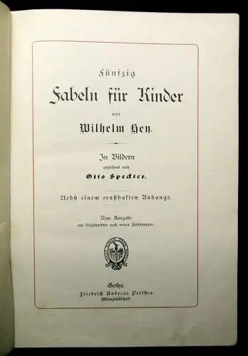 Hey Wilhelm Fünfzig Fabeln für Kinder  um 1890 Mit Holzschnitten nach Zeichungen