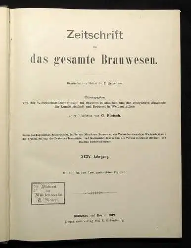 Lintner, Will Zeitschrift für das gesamte Brauwesen XXXV. Jhg. 1912 Handwerk