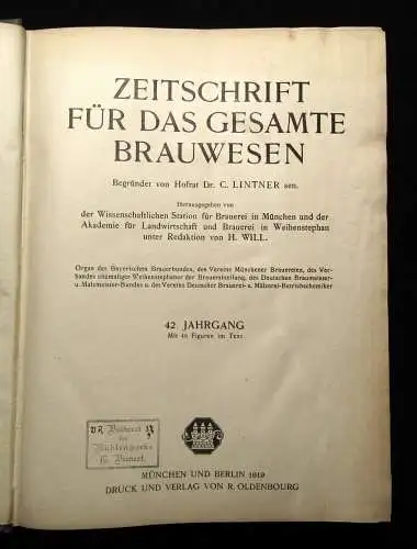 Lintner, Will Zeitschrift für das gesamte Brauwesen 42 Jhg. 1919 Handwerk