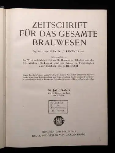 Lintner, Will  Zeitschrift für das gesamte Brauwesen 36 .Jhg. 1913 Handwerk