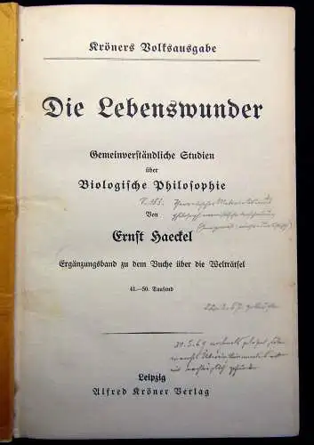 Haeckel Kröners Volksausgabe Die Lebenswunder um 1900 Ergänzungsband Welträtsel