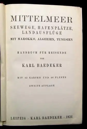 Baedeker Karl Mittelmeer Mit 43 Karten und 46 Plänen Handbuch für Reisende 1934