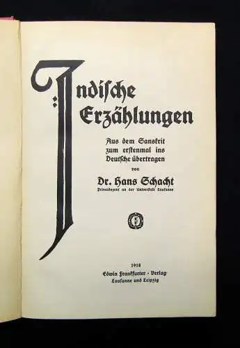 Schacht Indische Erzählungen 1918 Literatur Lyrik Belletristik