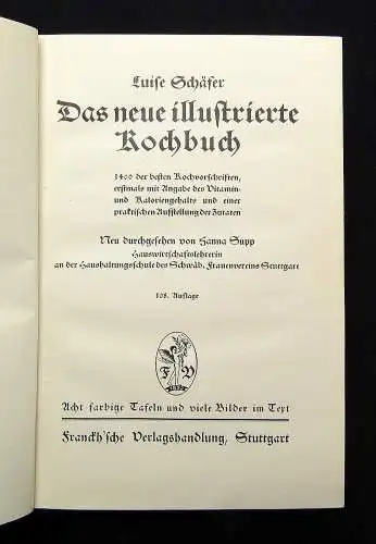 Schäfer das neue illustrierte Kochbuch 108. Auflage 1822 um 1928 Kochen Küche