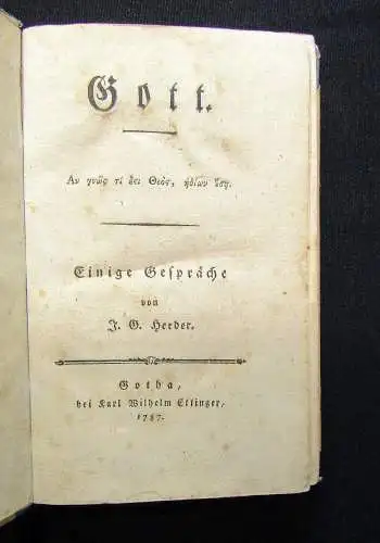 Herder, Johann Gottfried Gott. Einige Gespräche EA 1787 Christenthum Glaube