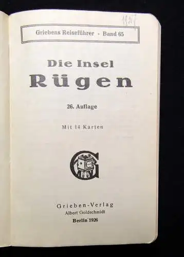 Grieben´s Reiseführer Rügen Band 65 1926 Ortskunde Guide Geographie Landeskunde