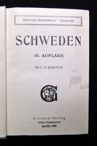 Grieben´s Reiseführer Schweden Band 145 1926 Ortskunde Guide Landeskunde