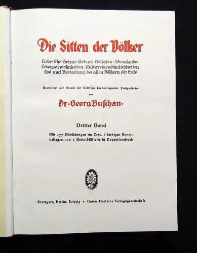 Buschan Die Sitten der Völker Band 1-3 von 4 Liebe Religion Aberglaube um 1920