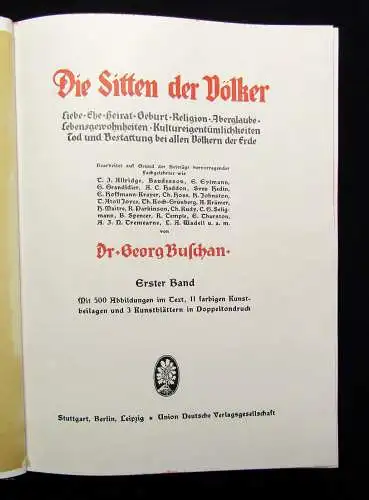 Buschan Die Sitten der Völker Band 1-3 von 4 Liebe Religion Aberglaube um 1920