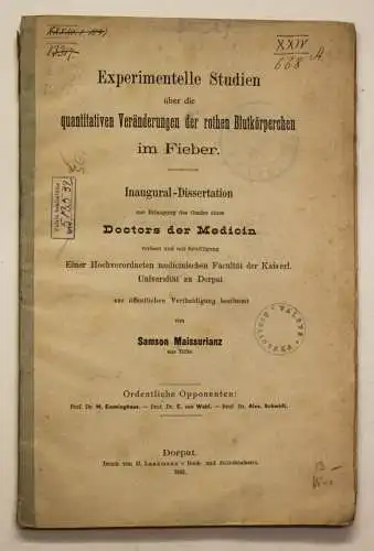 Maissurianz Experimentelle Studien über rothen Blutkörperchen im Fieber 1882 sf