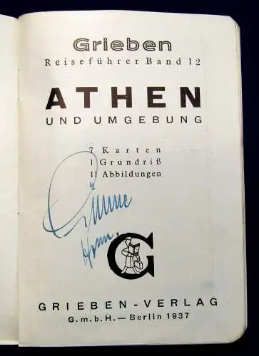 Grieben Reiseführer Bd 12 Athen und Umgebung 1937 Guide Führer Reiseführer mb