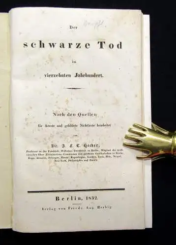 Hecker Der schwarze Tod im vierzehnten Jahrhundert 1832 HLn.der Zeit lith.Deckel