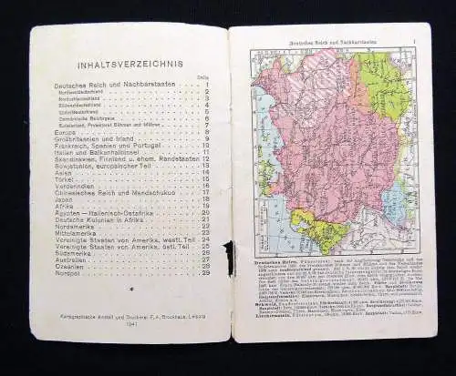 Westentaschen Atlas der Erde 1941 F. A. Brockhaus Leipzig Ortskunde