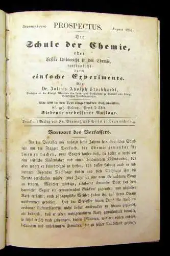 Stöckhardt Prospectus Schule der Chemie oder 1. Unterricht in der Chemie 1852