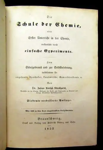 Stöckhardt Prospectus Schule der Chemie oder 1. Unterricht in der Chemie 1852