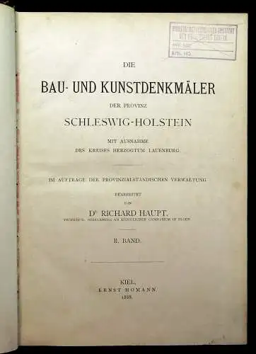 Haupt Die Bau-u Kunstdenkmäler der Provinz Schleswig-Holstein 2. Bd apart 1888