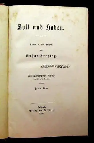 Freytag, Gustav Soll und haben Roman in sechs Büchern 2. Bd. 1891 Belletristik