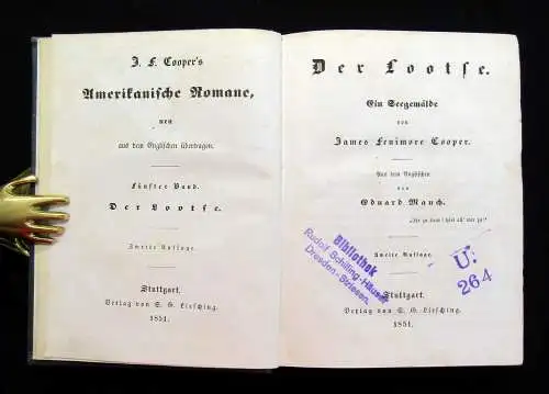 Cooper J.F. Amerikanische Romane Der Lootse Ein Seegemälde 5.Bd. 1851 Abenteuer