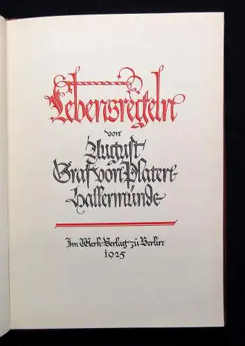 August Graf von Platen-Hallermünde Lebensregeln 1925 Belletristik Literatur