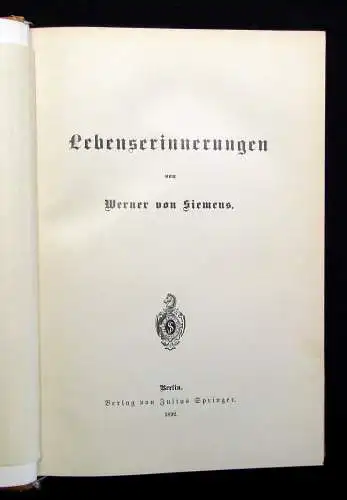 Siemens Lebenserinnerungen 1892 Belletristik Literatur Lyrik Klassiker