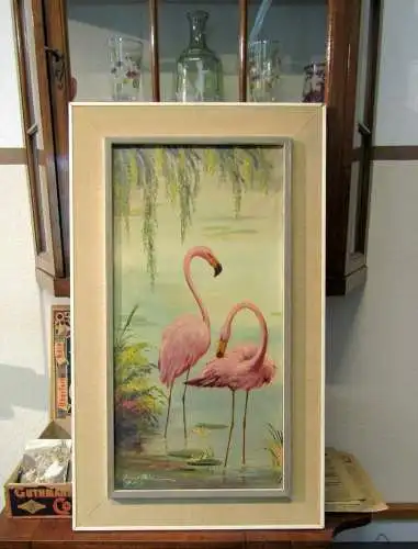 Müller Rosa Flamingos am Seeufer. Öl auf Leinwand unten links signiert 1963